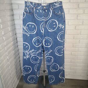 Smiley x H&M Ladies Size 10 Medium Wash w/ White Wide Straight Leg Jeans